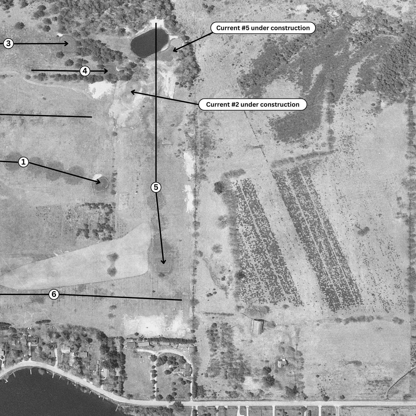 An aerial of the North Course from August 1st, 1968 π₯
The current 2nd and 5th holes can be seen under construction. They would later open for play in 1969. To make room for the new holes, the original 4th hole was removed and the original 5th and 6th holes were combined to create current day 6 North.
The current green for 9 North can also be seen under construction. This lengthened the hole by roughly 150 yards to make it a par 5. The new 9th green would later open for play in 1970.